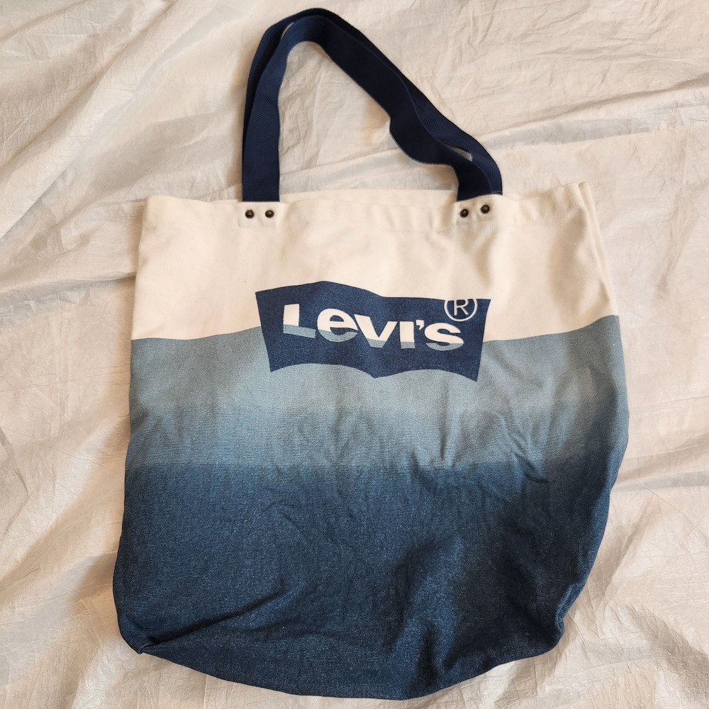 Levi's Large Canvas Tote Bag Blue Ombre Dip Dye Batwing Logo School Store